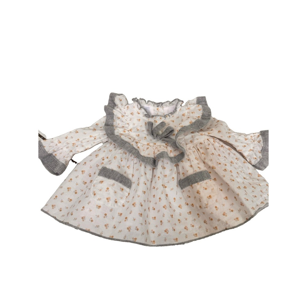 Foque Baby Girls Floral LS Gray White Dress Pockets Spanish Bow Lined 3M